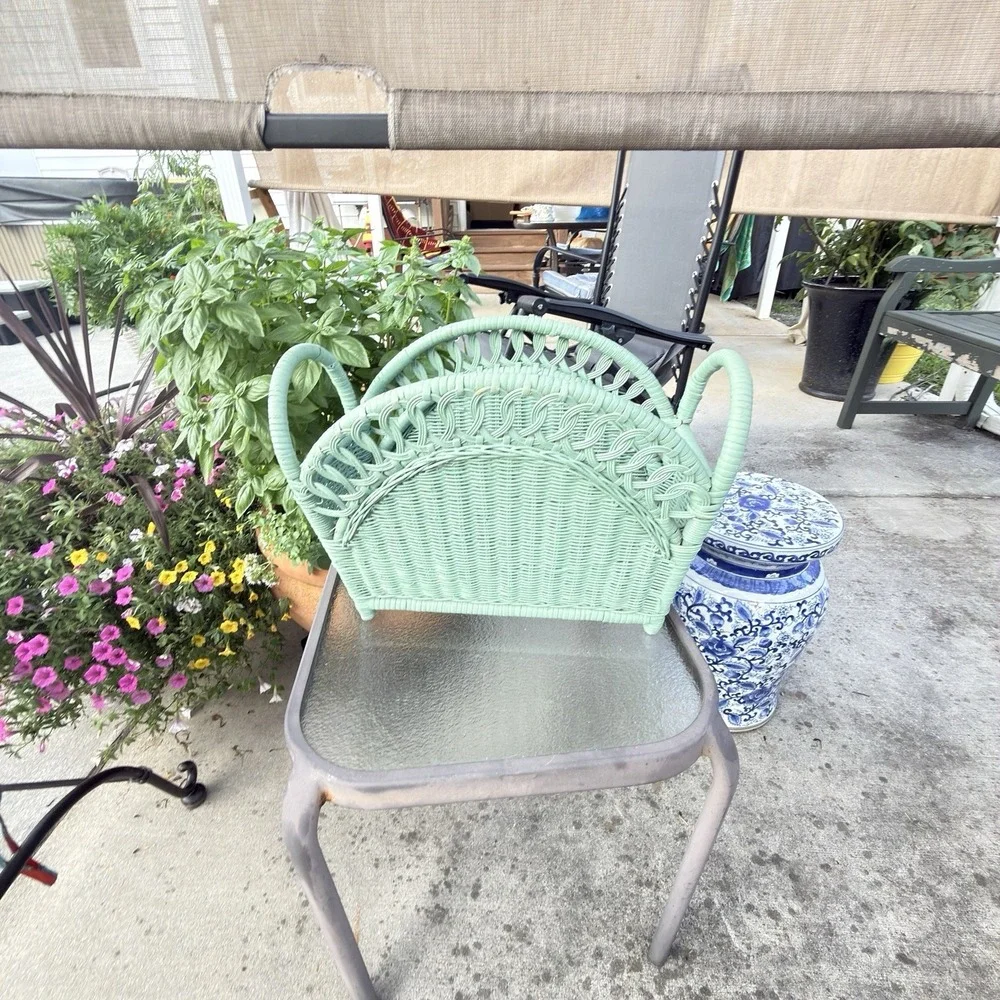 Vintage 1980s Seafoam Green Wicker Magazine Basket Boho Cottage Storage